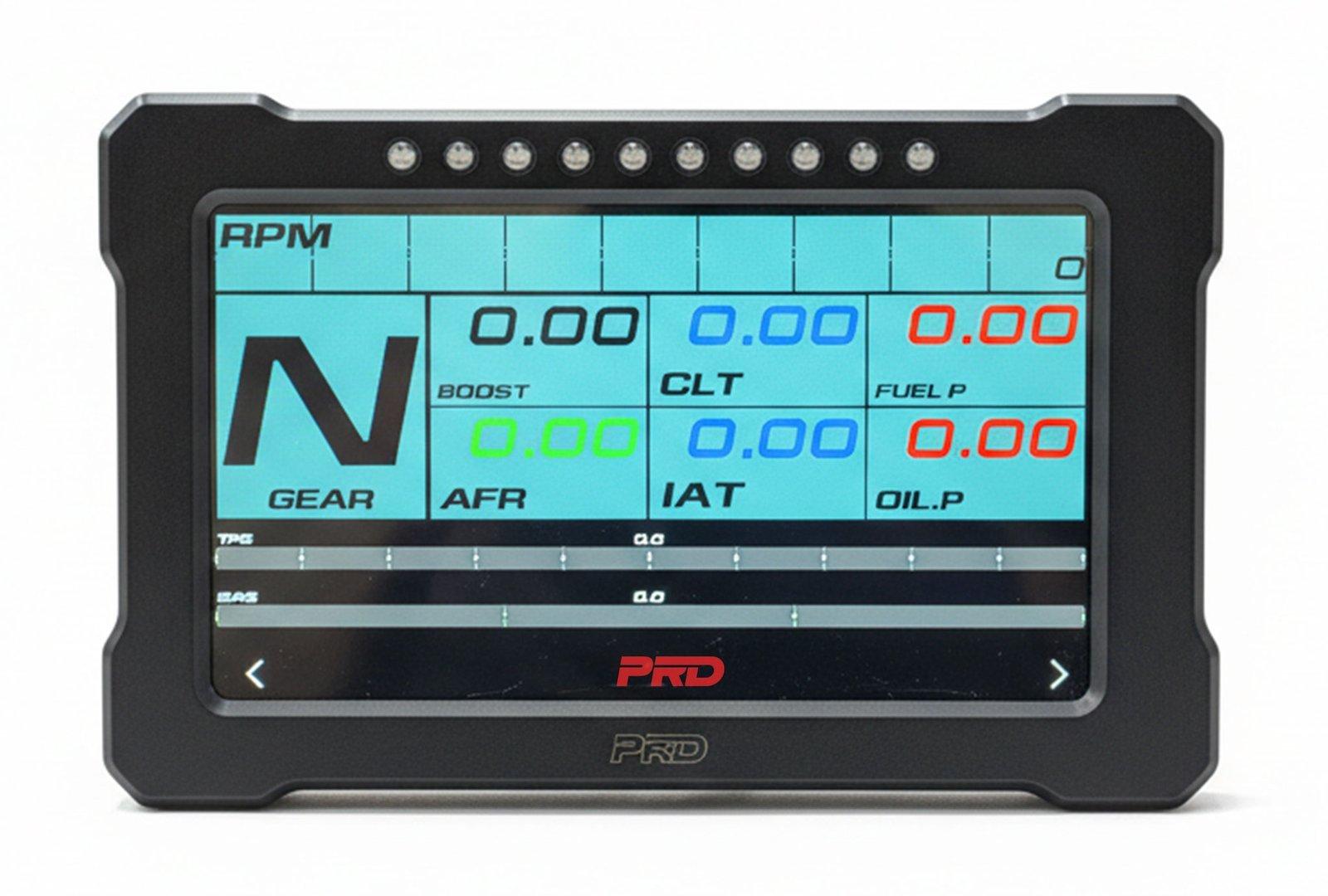 PRD GT 7 digital motorsport display showing RPM, MAP, AFR, CLT, and IAT on a color screen