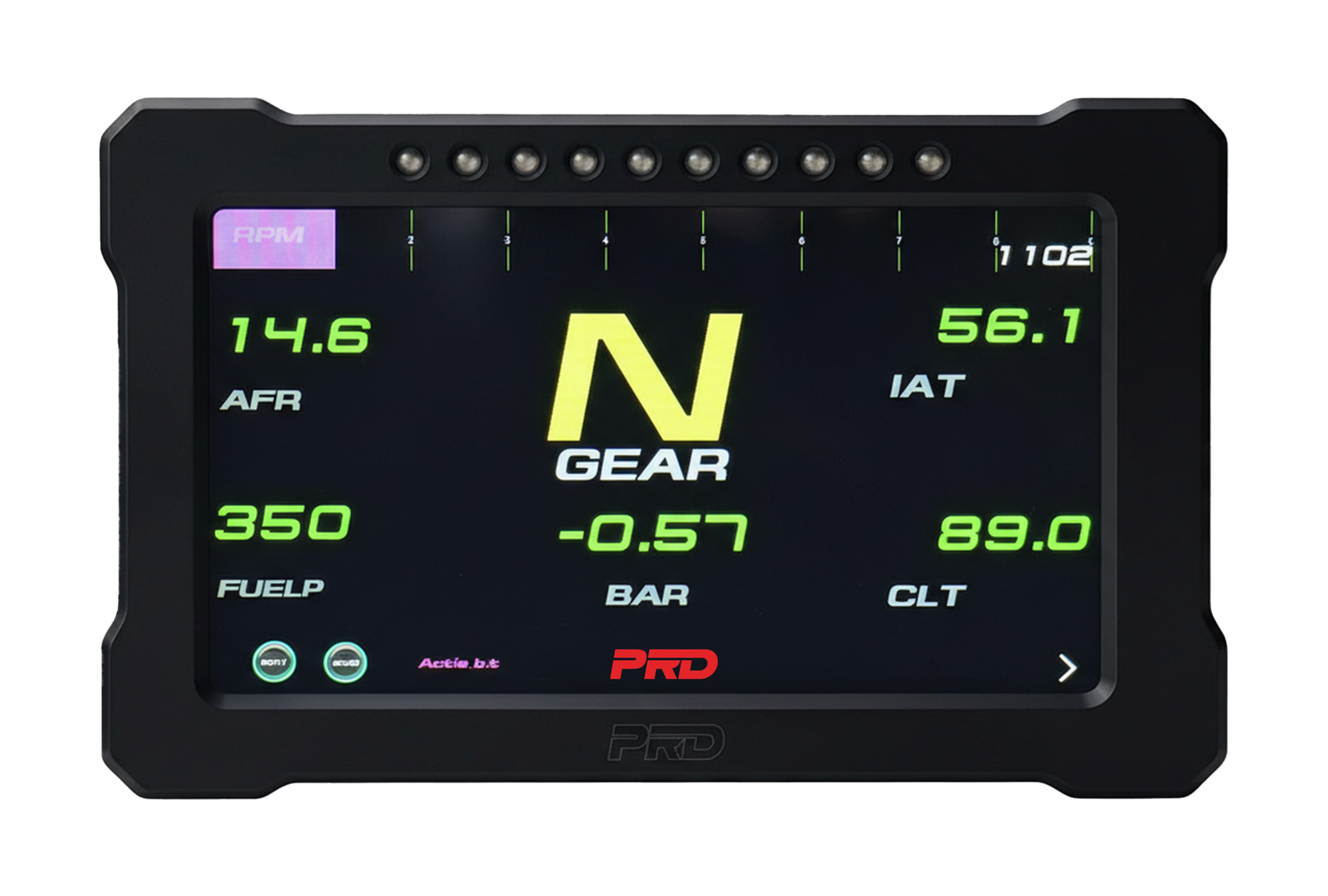 PRD GT 7 digital motorsport display showing RPM, MAP, AFR, CLT, and IAT on a color screen